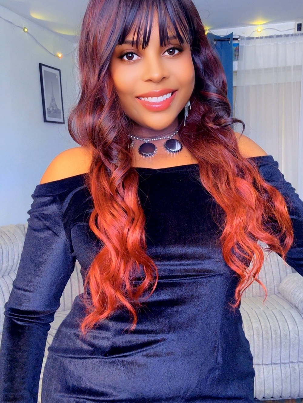 Long Wavy Women’s Wig with Bangs in Red Ombre
